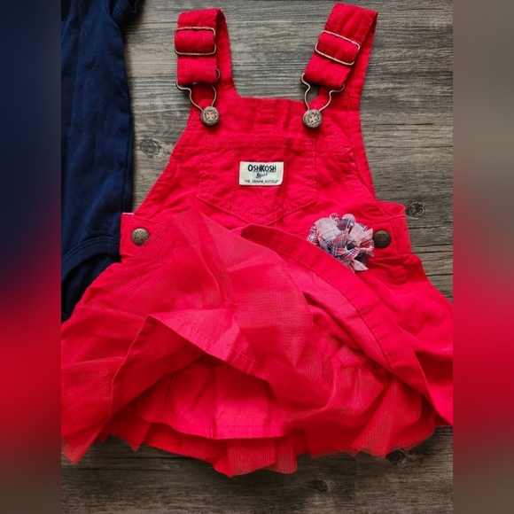 OshKosh B'gosh Vestbak Red Corduroy Overalls Dress with Blue Carter's Onesie - Picture 2 of 4